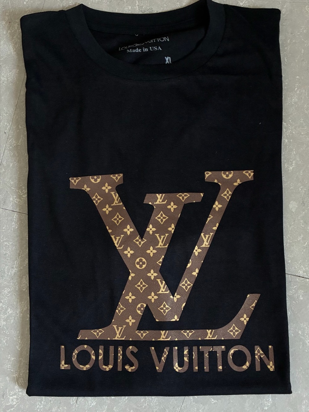 Luxury LV Black T-Shirt with Gold Monogram Print Size L